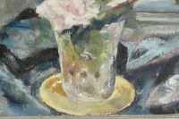 Peinture sur bois du XXème siècle d&#039;un bouquet de fleurs devant un miroir