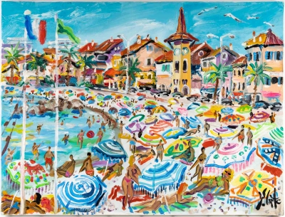 Huile sur toile, scène de plage à Cagne sur mer signé Yvon Grac||||||||