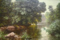 His René Peinture Française Début XXème Siècle Rivière En Sous Bois Huile Sur Toile Signée