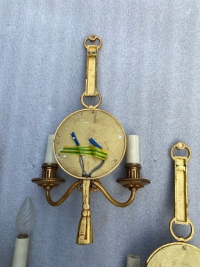 1950/70′ Série De 4 Appliques en Bronze Doré Avec Miroir Convexe Signée Petitot