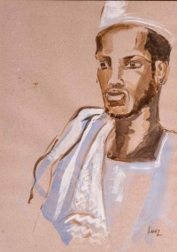 Portrait d&#039;un Africain, XXème Siècle. Aquarelle sur papier Evelyne Luez, école de Paris