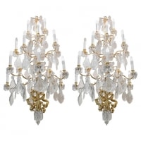 Spectacular Pair Of Chandeliers, 1930-1940 Gilt Bronze And Important Crystal Pendants