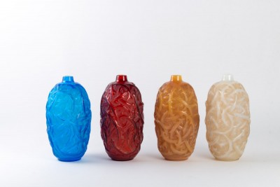 Série de vases « Ronces » verre rouge, bleu, opalescent et butterscotch de René LALIQUE||||||||||