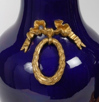 Paire de vases à montures de bronze en bleu cobalt