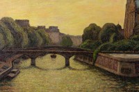 Tableau huile sur toile représentant Notre-Dame de Paris entre la Seine et la végétation