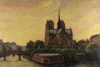 Tableau huile sur toile représentant Notre-Dame de Paris entre la Seine et la végétation