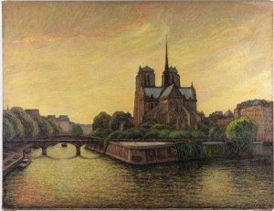 Tableau huile sur toile représentant Notre-Dame de Paris entre la Seine et la végétation||||||||||