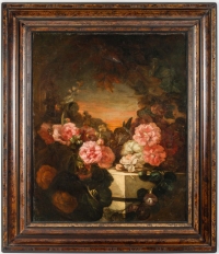 Huile sur toile, fleurs sur entablement, XIXème siècle