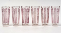 Suite de Gobelets &quot;Six Figurines&quot; verre blanc patiné rose de René LALIQUE - 6 pièces en coffret