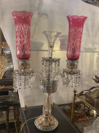 1950′ Paire de Chandeliers Cristal De Bohéme 2 Branches Socles Perlés Et Signés