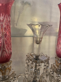 1950′ Paire de Chandeliers Cristal De Bohéme 2 Branches Socles Perlés Et Signés