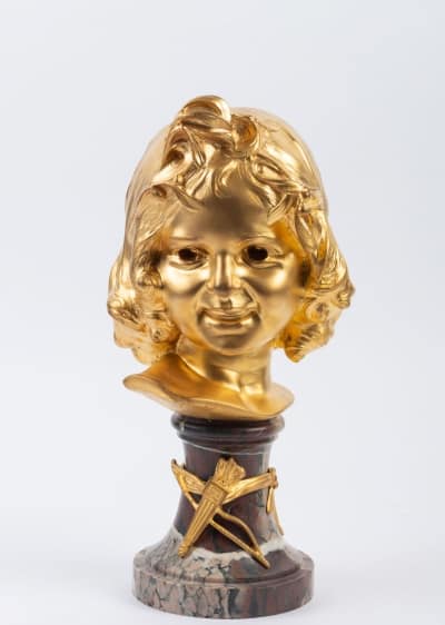 Sculpture tête d&#039;enfant en bronze doré et marbre de MICHELET 20e siècle|||||||||||