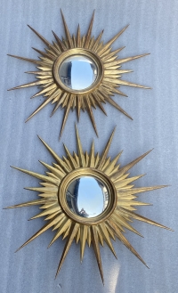 1950′ Paire De Miroirs Soleil Convexe, Bois Doré