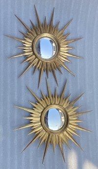 1950′ Paire De Miroirs Soleil Convexe, Bois Doré