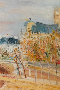 Serge Belloni  (1925-2005) « Le peintre de Paris » - Le Pont Louis Philippe et l’Eglise Saint Gervais huile sur bois vers 1970