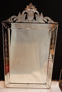 1900′ Miroir Vénitien à Décor Floral et Fronton