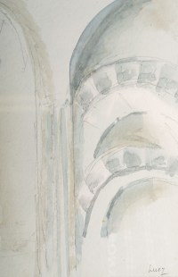 Intérieur d&#039;Eglise avec un Ange, dessin et aquarelle sur papier, encadrée sous-verre, XXème siècle. Ecole de Paris, Luez