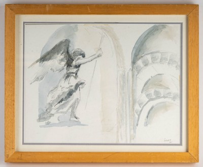 Intérieur d&#039;Eglise avec un Ange, dessin et aquarelle sur papier, encadrée sous-verre, XXème siècle. Ecole de Paris, Luez|||||||