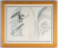 Intérieur d&#039;Eglise avec un Ange, dessin et aquarelle sur papier, encadrée sous-verre, XXème siècle. Ecole de Paris, Luez