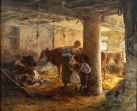 Huile sur toile, Femme donnant du lait à ses enfants dans  l&#039;étable signée et datée Léonie Michaud , 1906