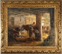 Huile sur toile, Femme donnant du lait à ses enfants dans  l&#039;étable signée et datée Léonie Michaud , 1906