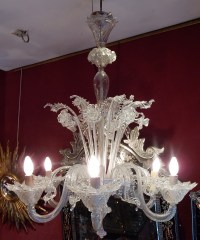 1950&#039; Lustre Cristal Murano  6 Branches Coupoles a Bord Montant