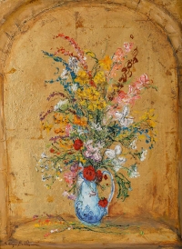Serge Belloni « Le peintre de Paris » - Bouquet de Fleurs et vase de Delft huile sur panneau