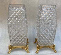1880′ Paire De Vases Baccarat , L’ Escalier De Cristal,Période Japonisante Socle Bronze Doré Signé