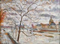 Serge Belloni  1925-2005 « Le peintre de Paris » - Les Quais de Seine avec vue sur le Dôme de l’académie Française huile sur toile vers 1960