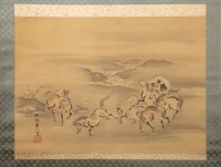Kano Akinobu - Peinture de Chevaux en Liberté à Cote d’une Rivière, Kakemono