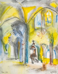 Paire d&#039;aquarelle, intérieur d&#039;église, XXème siècle
