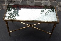 1970&#039; Table Basse en Bronze Avec Entretoise Maison Bagués Avec Plateau Miroir Oxydé 90 X 45 cm