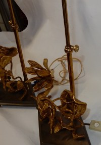 1950/70 Paire de Lampes Aux Orchidées En Bronze Argenté et Doré DLG Maison Charles Ou Maison Jansen