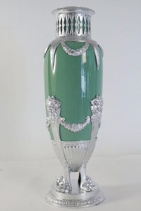 Celadon Vase in faience, with silver plate and silver leaf. 19th Century period Napoleon III.