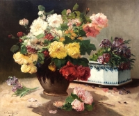 CAUCHOIX Eugène Bouquet de roses et sa jardinière huile sur toile signée