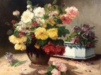 CAUCHOIX Eugène Bouquet de roses et sa jardinière huile sur toile signée