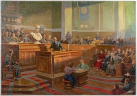 Grande huile sur toile représentant une assemblée russe, XXème siècle