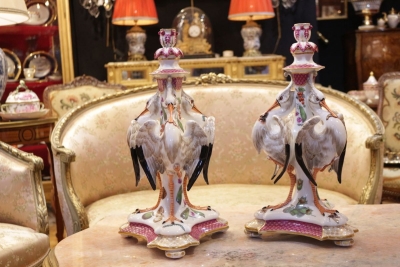 Paire de chandeliers cigognes et insectes en porcelaine HOECHST 18e siècle||||||||