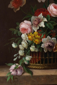 Bouquet de fleurs dans un panier. Fin XVIII ème
