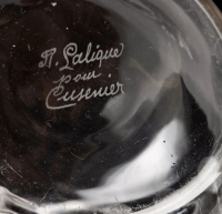 Carafe &quot;Satyre&quot; verre blanc patiné sépia de René LALIQUE pour Cusenier