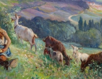 Huile sur toile représentant une scène pastorale. Signée en bas à droite H. PERRIN