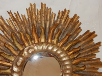 1950′ Miroir Soleil Convexe 2 Étages Bois Doré Et Argenté 63 Cm De Diamètre