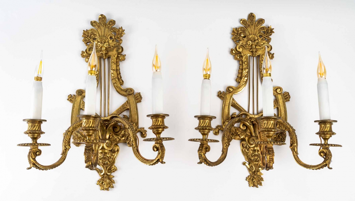 Paire d’appliques Lyre en bronze doré du XIXème siècle, Napoléon III|||||||