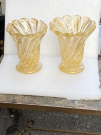 1970′ Vases Similaires Torsadés Cristal Murano Avec Paillons D’ Or Murano