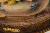 Peinture ovale de Madeleine Renaud, Bouquet de Roses en aquarelle, XXème siècle