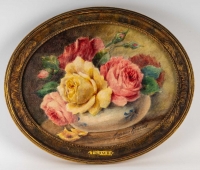 Peinture ovale de Madeleine Renaud, Bouquet de Roses en aquarelle, XXème siècle