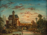 Tableau romantique allemand, huile sur panneau de bois, 19ème