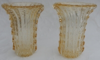 1970′ Paire de Vases Ou Similaires Cristal Murano Avec Paillons D’ Or Signés Murano Toso H 36 cm