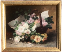 CAUCHOIX Eugène Bouquet de roses dans un panier huile sur toile signée