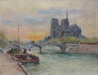 MADELAIN Gustave tableau impressionniste XXè siècle péniches Paris huile signée au dos